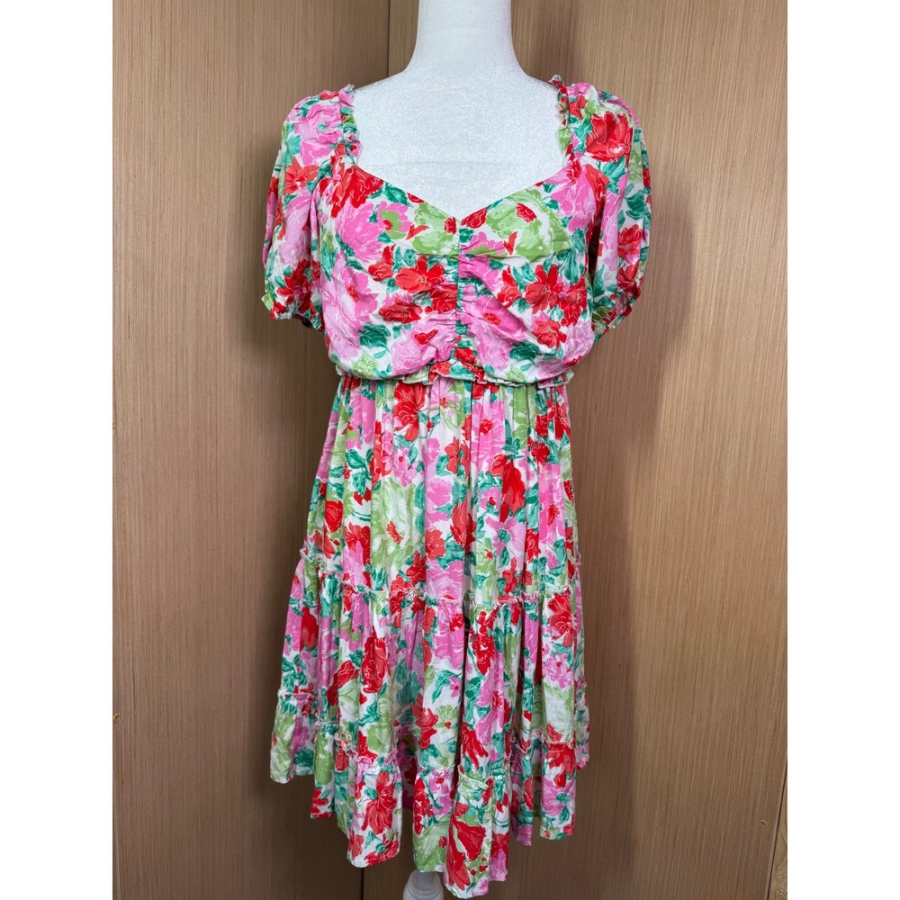 Umgee USA Floral Smocked Back Tiered Midi Dress Pink Red Green Large R0002
